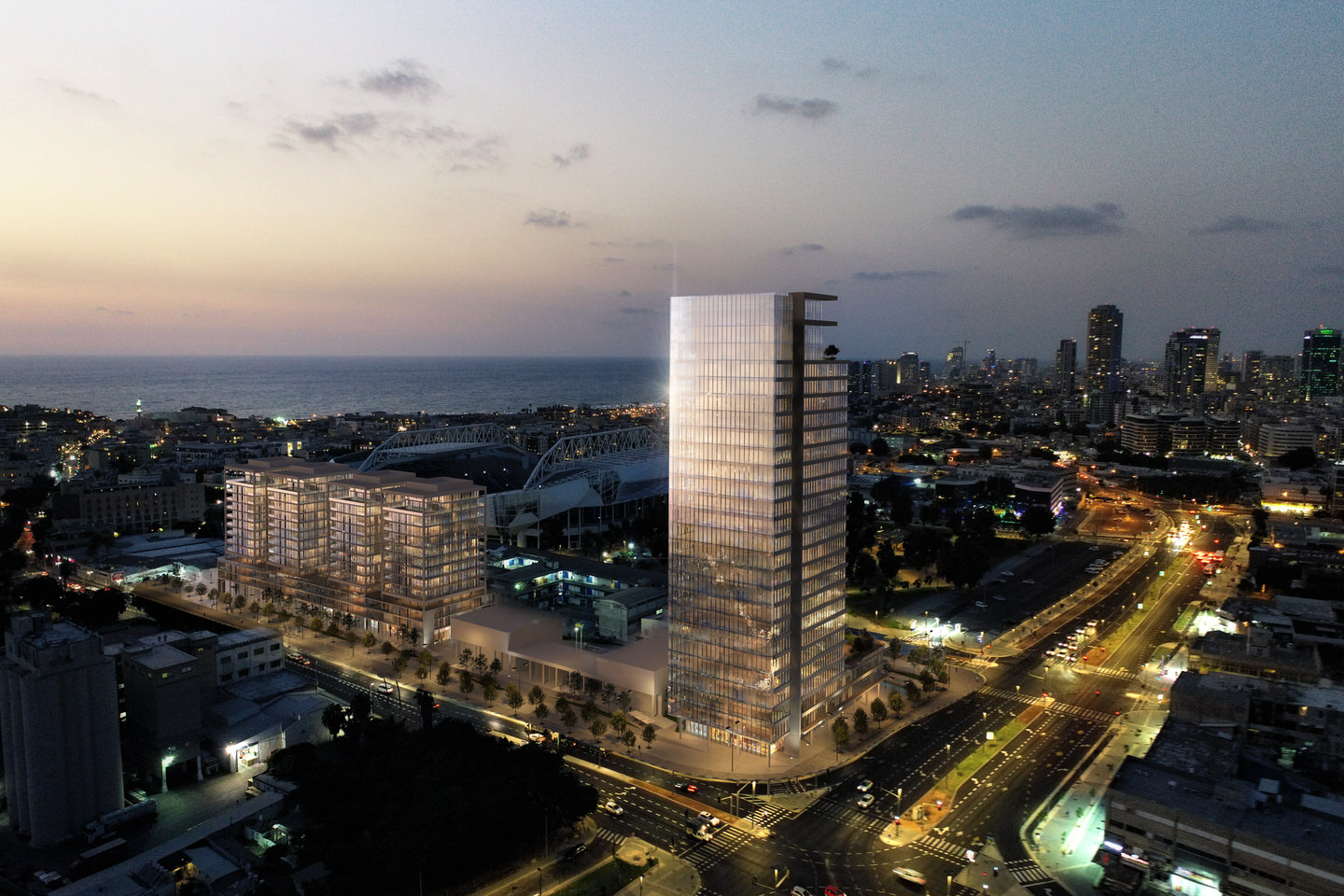 HaThiya: A nighttime preview of the new mixed-use development on HaThiya Street in Tel Aviv, near the Bloomfield stadium | Reality the Leading Group of Real Estate Investment Funds in Israel