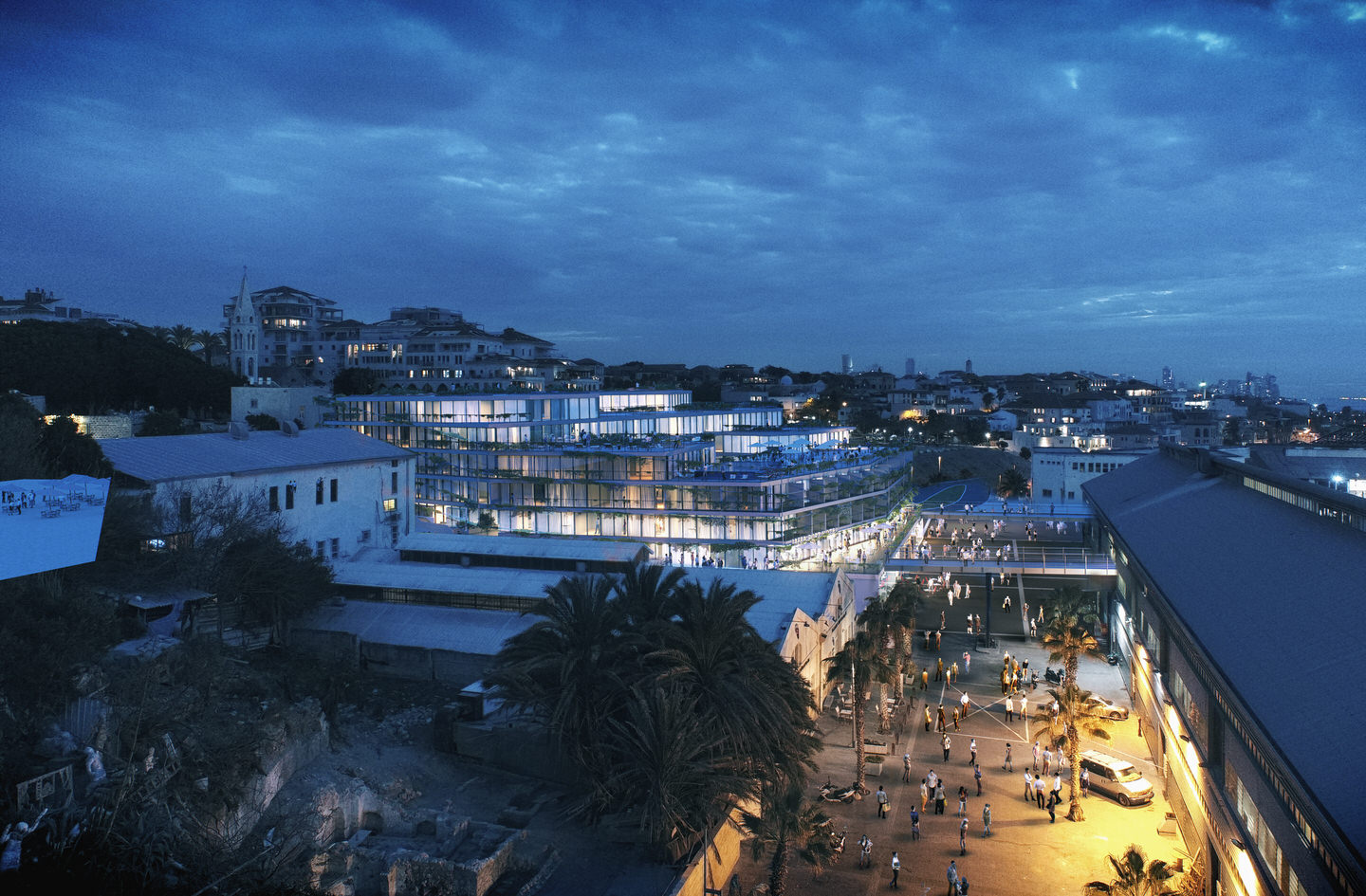 Lamina: A nighttime preview of the new mixed-use development at Jaffa Port, blending residential, commercial, and hotel spaces into the historic cityscape | Reality the Leading Group of Real Estate Investment Funds in Israel